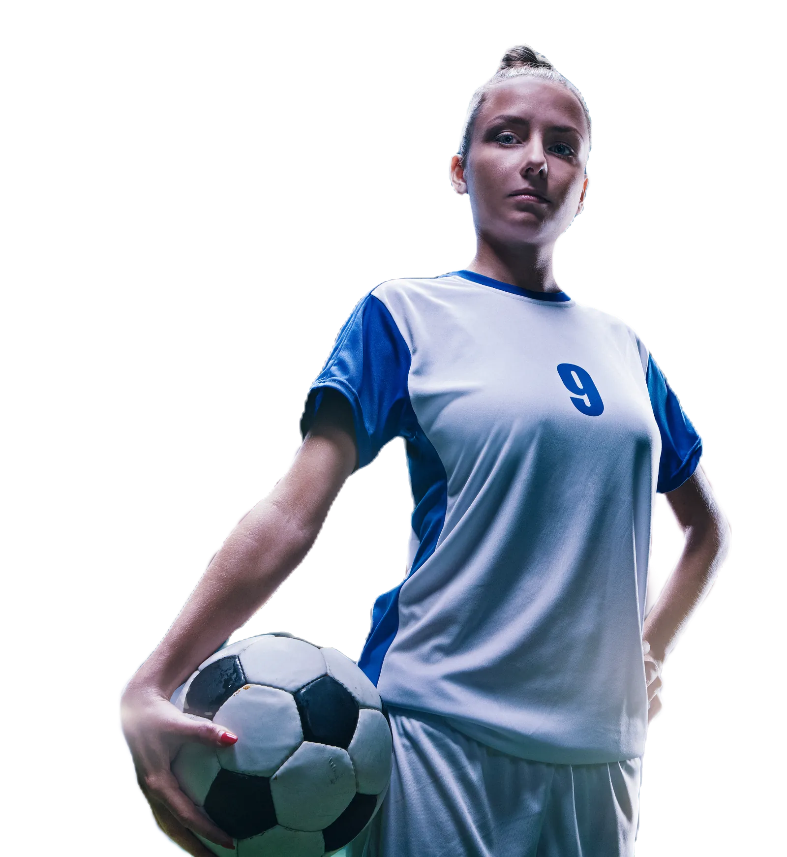 A women's soccer player holding a ball, over the Breaking Boundaries waveform